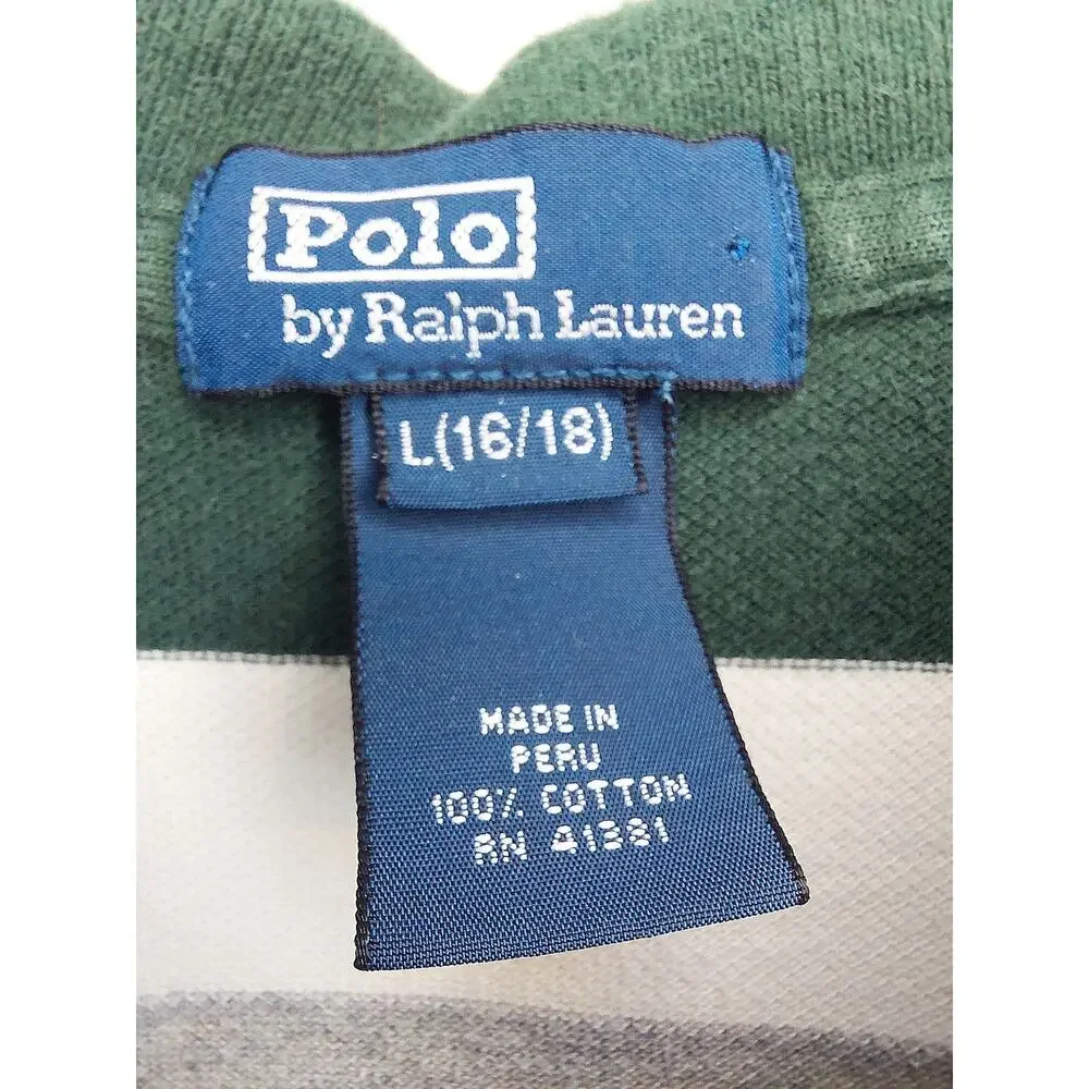 Vintage Polo Ralph Lauren Boys L 16/18 Striped Polo Shirt Green Gray Pony Mesh
